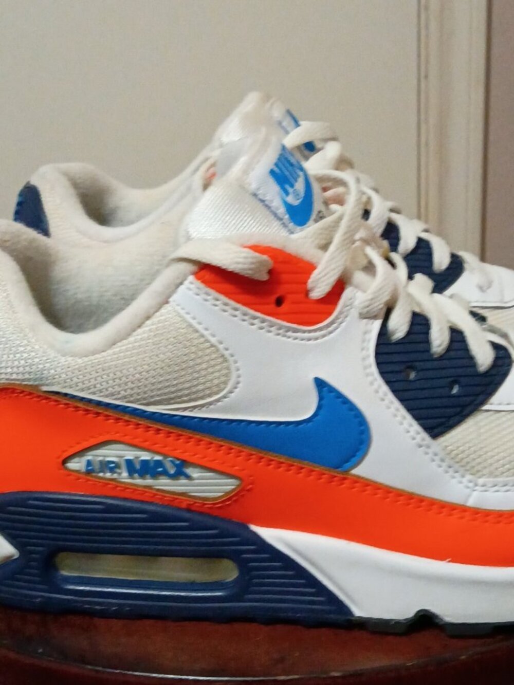 Men's Size 8 Nike Air Max 90 White Photo Blue Total Orange Lace Up AJ1285-104 - Picture 4 of 13